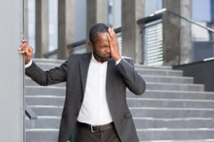 Jovem negro, bonito, apoiando -se em uma parede e com uma das mãos no rosto, demonstrando sintomas de labirintite .