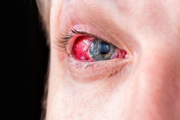 Olho humano apresentando inflamação severa - possível úlcera de córnea