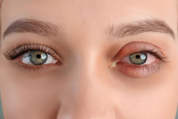 Linda jovem com conjuntivite no olho esquerdo. Esta é uma das doenças oculares sazonais do verão.