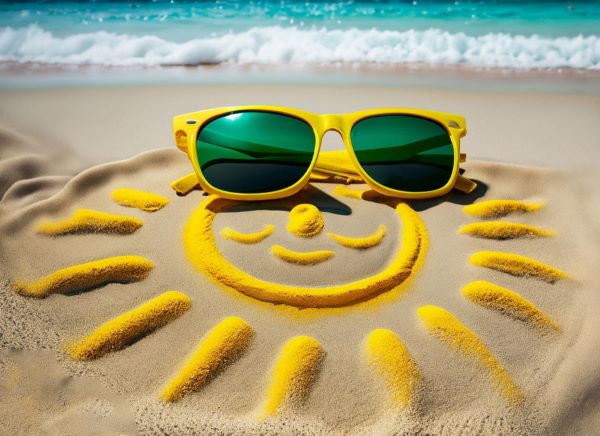 Bela paisagem de praia, com mar azul e , na areia, o desenho de um sol amarelo e, em cima dele, par de óculos de sol amarelo.