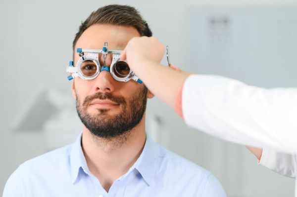 Belo homem com cabelos castanhos e curtos, com barba e bigode faz exame ocular. A mão da oftalmologista regula o instrumento usado para medir o grau de acuidade visual.