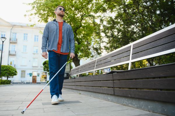 Jovem bonito cego andando com vara de apoio pelo centro da cidade.