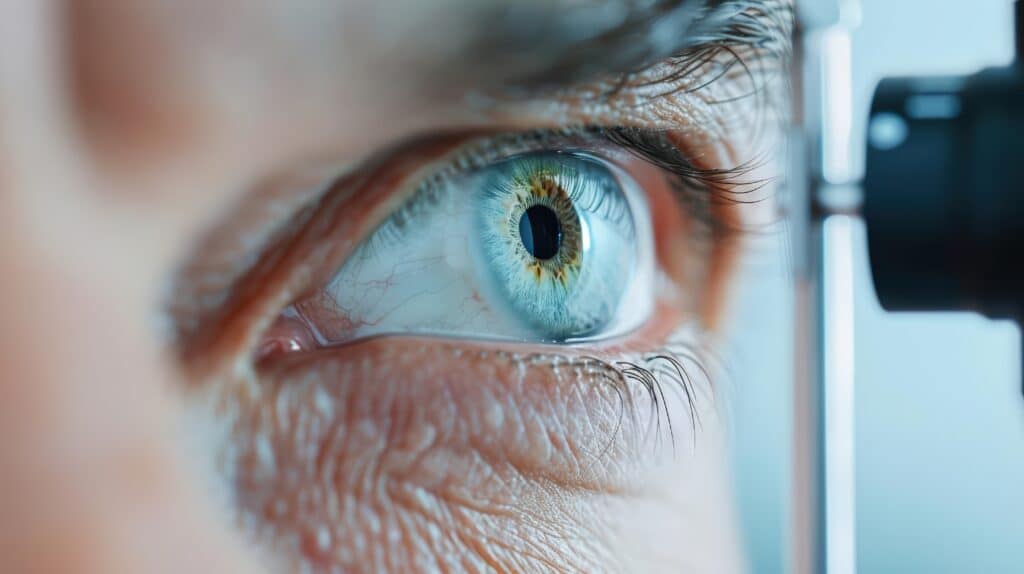 Close do olho azul de um homem que está realizando testes para identificação do glaucoma.