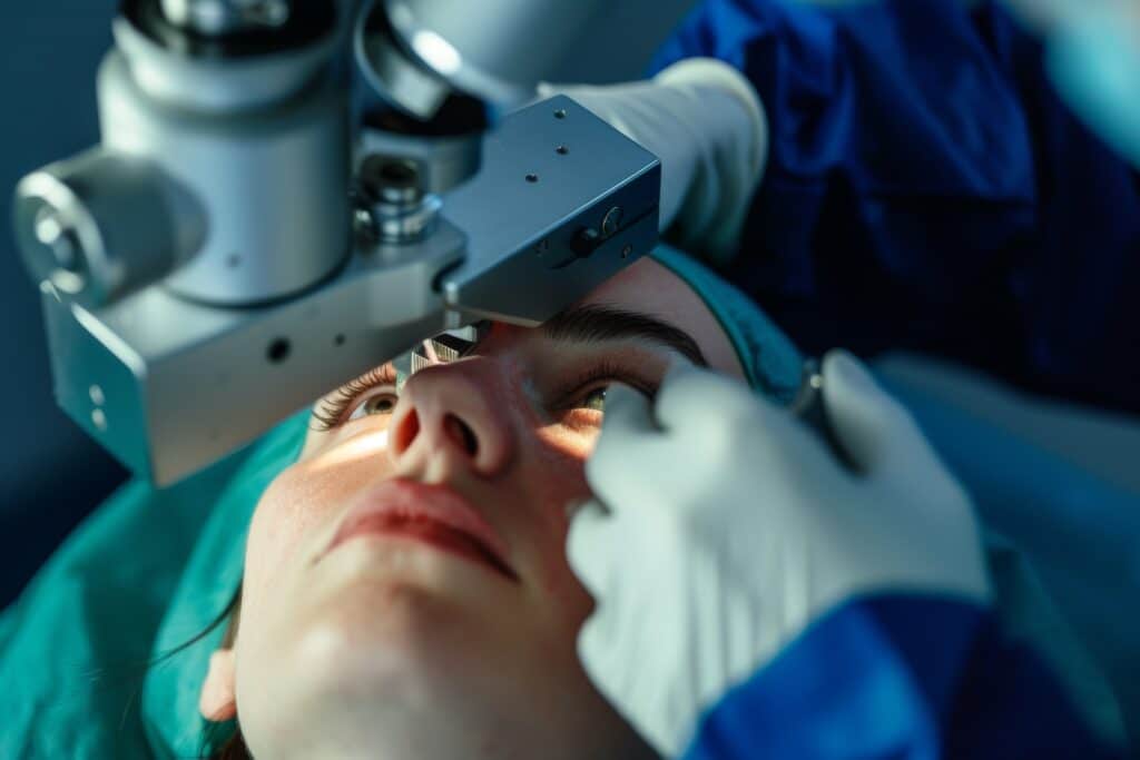 Uma paciente está sendo preparada para fazer uma cirurgia ocular.
