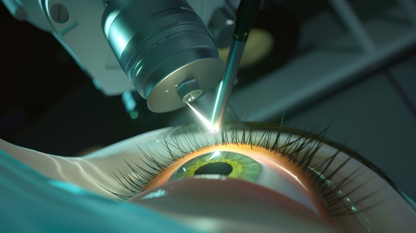 Imagem produzida por AI demostrando como é feita a aplicação do laser no globo ocular via trabeculoplastia seletiva.