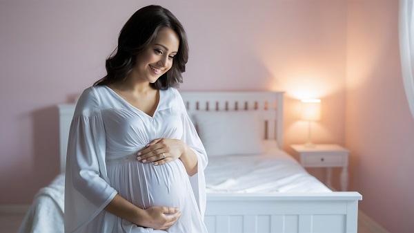 Gestante, vestindo branco, em seu quarto,  acaricia a barriga. 