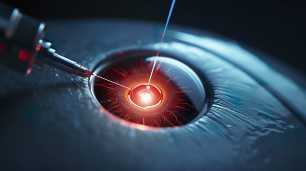 Close-up do globo ocular com destaque para um procedimento feito com o uso do laser.