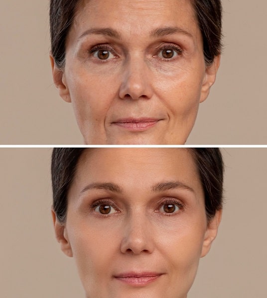 Close do rosto de mulher madura que realizou blefaroplastia - o antes e o depois do procedimento.