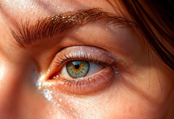 Close up do olho claro de uma mulher que realizou uma cirurgia plástico ocular.