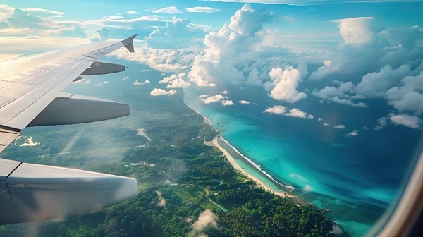 Vista do destino de viagem a partir da janela do avião.