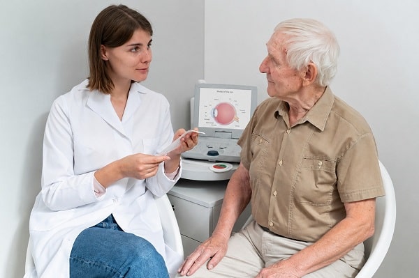 Senhor de idade, em consulta oftalmológica, conversa com a médica sobre a saúde dos olhos.