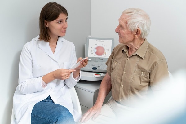 Senhor de idade, em consulta oftalmológica, conversa com a médica sobre a saúde dos olhos.