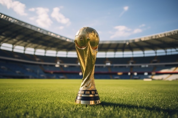 Taça da Copa do Mundo no centro do gramado de um estádio de futebol.