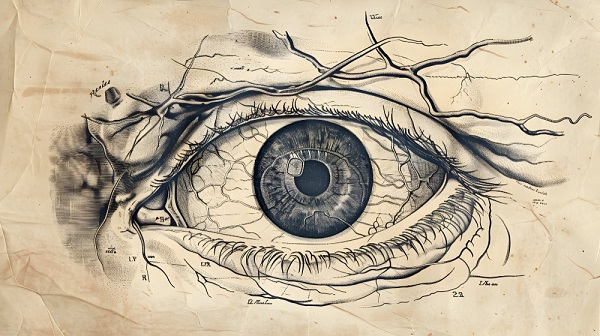 Desenho ilustrativo em preto e branco da anatomia de um olho humano em estilo vintage.